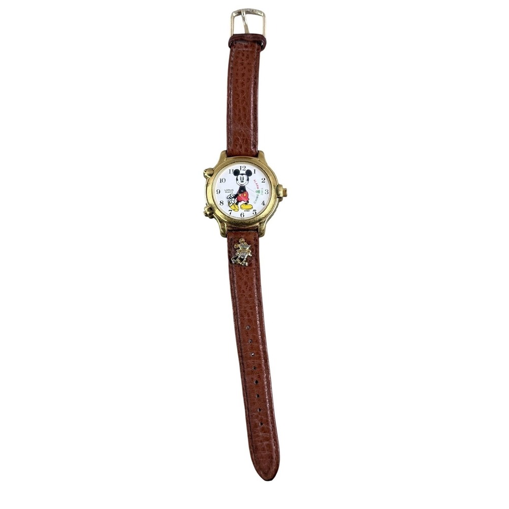 Vintage Lorus Mickey Mouse Alarm Chime Mens Watch Brown Leather Quartz V691-6000